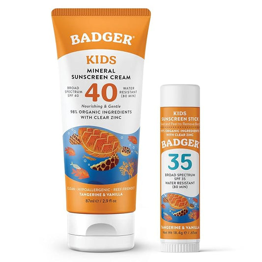 Badger Kids Mineral Sunscreen Combo, SPF 40 Cream + SPF 35 Kids Face Stick, Organic Sunscreens w/Mineral Zinc Oxide, Water Resistant, Reef Safe Broad Spectrum, Tangerine & Vanilla Scent, 2-Count-GlimoraGlow