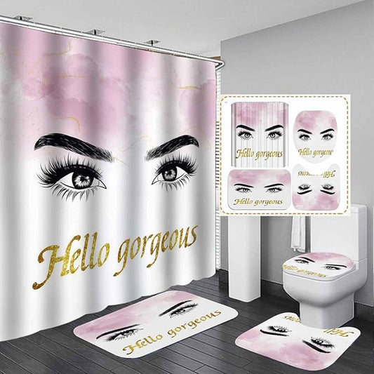 4PCS Hello Gorgeous Eyelash Shower Curtain Set, Gold Glitter Quotes Black Eyebrow Makeup Pink Marble Glam Modern Fashion Girly Women Bathroom Decor, Non-slip Bath Mat Toilet Rug, Charming Eyes-GlimoraGlow