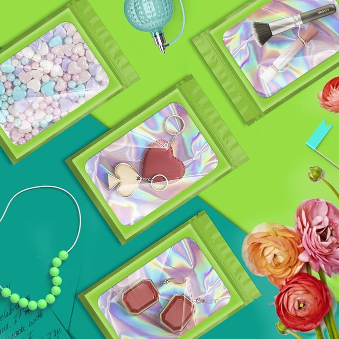 100 Pack Holographic Bags,Smell Proof Packaging Bags, Clear Window Resealable Odor Foil Pouch Mylar Bags for Food Storage and Lipgloss, Jewelry Lash(Green, 2.4 x 3.9 Inch)-GlimoraGlow