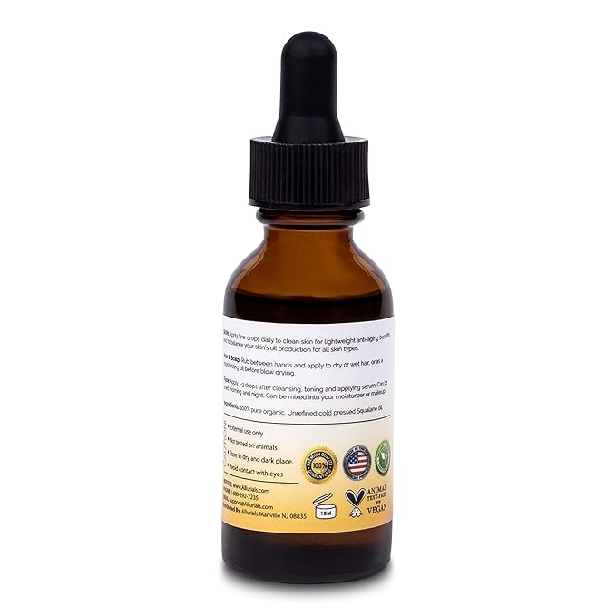 100% Organic & All Natural Plant-Based Squalane Oil for Face, Hair, & Body, Cold Pressed and Unrefined Premium Grade Multipurpose Facial Oil for Moisturize, Smooth, and Soften Skin - 1 Oz-GlimoraGlow