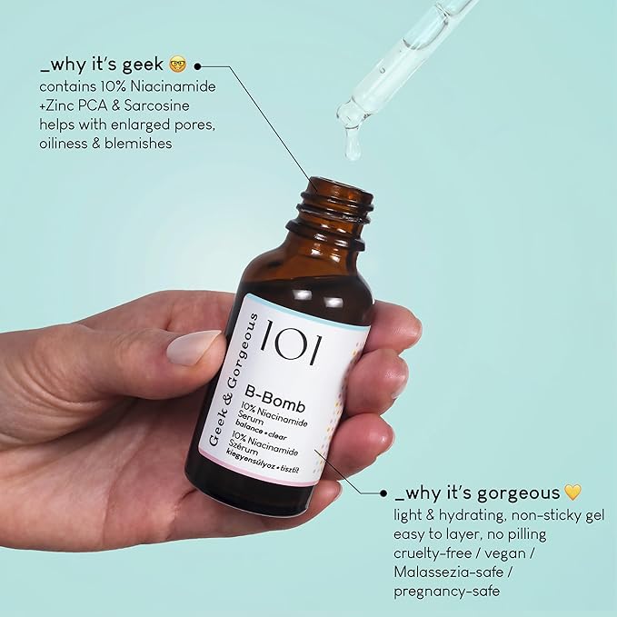 Geek & Gorgeous - B-Bomb - 10% Niacinamide Serum, Zinc PCA & Sarcosine, helps enlarged pores, oiliness and blemishes, combination skin, 1 oz-GlimoraGlow
