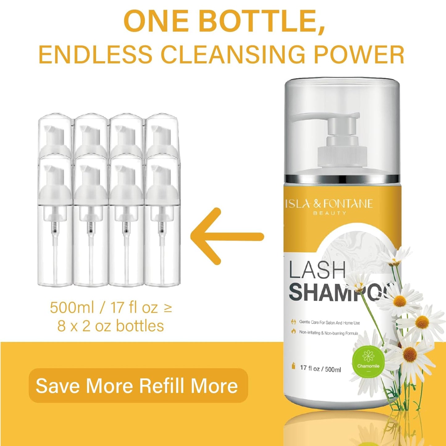 Isla & Fontane Lash Shampoo Bulk – Multi-Scent Series – 17 fl oz / 500ml | Gentle Eyelash Cleanser for Lash Extensions | Non-Irritating | Professional Lash Bath Foam For Salon And Home Use (Chamomile)-GlimoraGlow