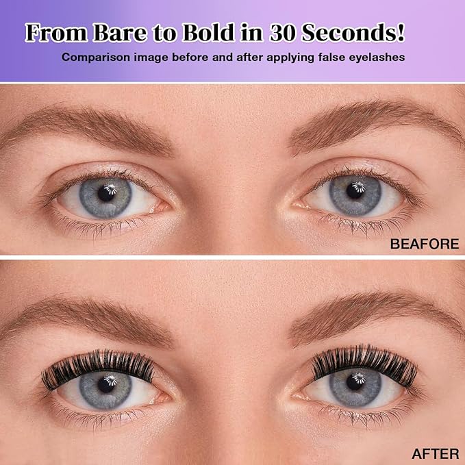Fluffy False Eyelashes Kit With Bond, Seal and Tweezer, 7 Pairs Natural Look Fake Cat Eye Lashes Strips Thin Band Extensions Waterproof Easy Eyelashes for Beginners DF100-GlimoraGlow