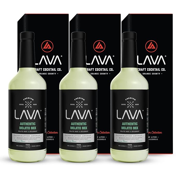 (3 Pack) LAVA Premium Authentic Mojito Mix, Made with Real Lime Juice, Mojito Mint, Spearmint, Demerara, Cane Sugar, Refreshing Rum Mojito Mixer. Ready to Use. 1-Liter (33.8oz) Glass Bottle-GlimoraGlow