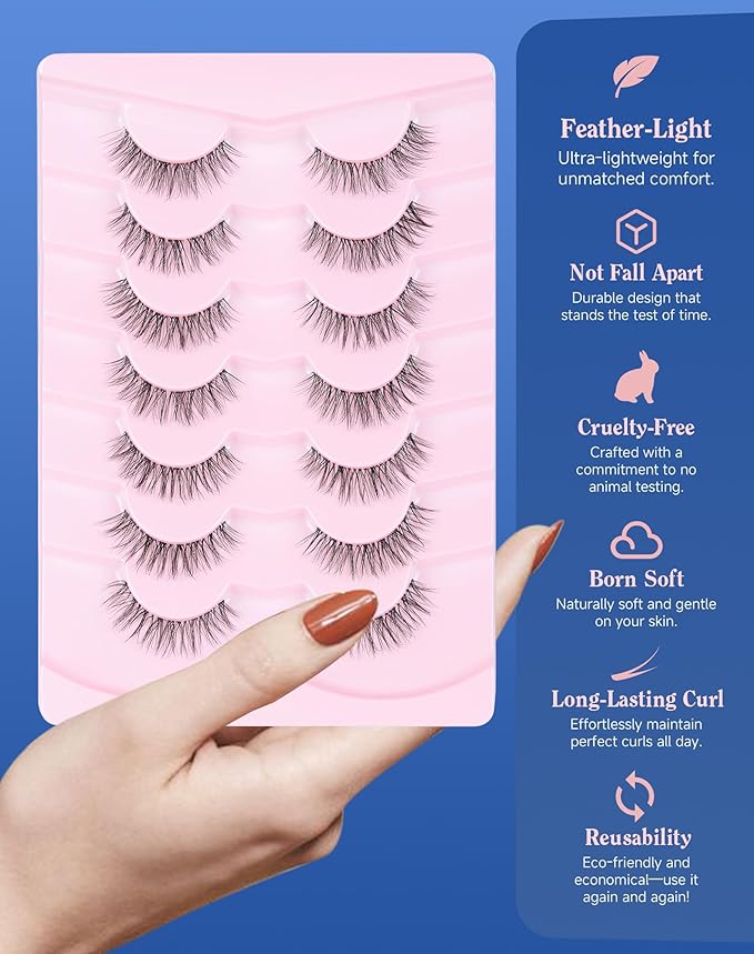 Short Lashes Natural Look Everyday Wispy Eyelashes Mink Flared Eyelashes Strip False Eye Lash Soft Clear Band 7 Pairs SF-05-GlimoraGlow