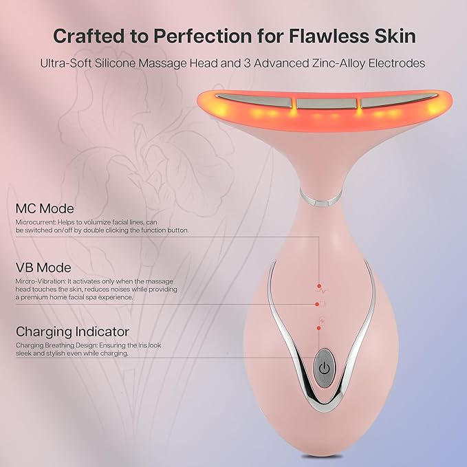 Iris Neck Face Massager, Pro Face Sculpting Tool with Charging Base, All-in-1 Facial Device for Enhanced Absorption, Radiance, Contouring, Elasticity, Home Facial Spa (Pink)-GlimoraGlow