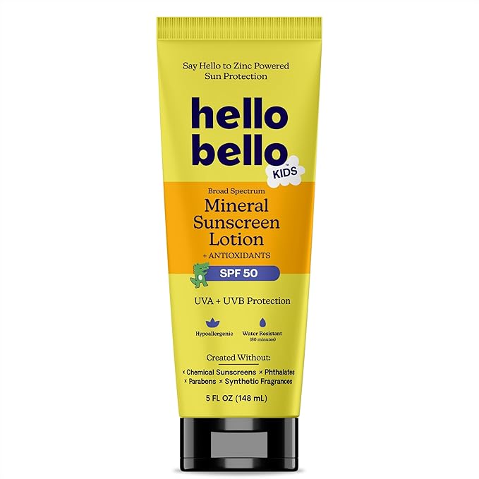 Hello Bello Kids Mineral Sunscreen SPF 50 Lotion - Broad Spectrum Sun Protection for Sensitive Skin - Water Resistant with Antioxidants - 5oz-GlimoraGlow