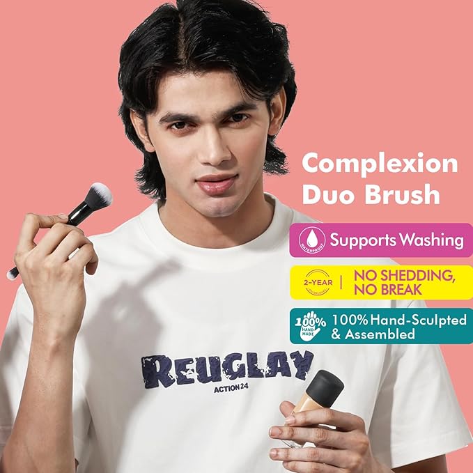 Bueart Design Complexion Duo Brush and Liquid & Bronzer Contour Makeup brushes set with ultra-soft dense hair Double-ended for Foundation Liquid Cream Concealer,Vegan and Cruelty-Free,M18-GlimoraGlow