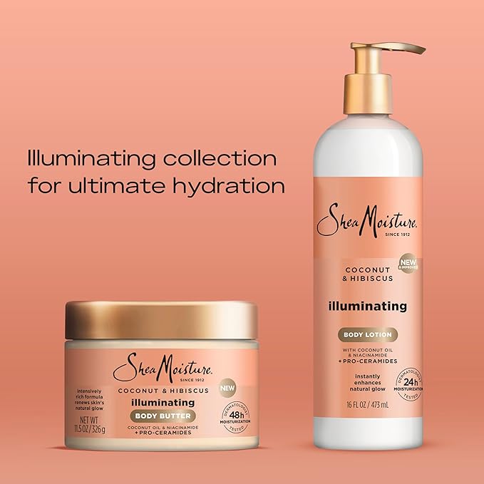 SheaMoisture Illuminating Body Lotion with Coconut Oil, Hibiscus, Niacinamide and Pro-Ceramides, Instantly Enhancing Skin's Natural Glow, 24H Moisturizing 16 oz-GlimoraGlow