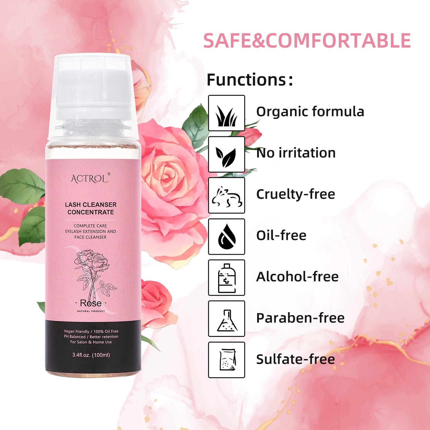Eyelash Shampoo Concentrate 100ml Lash Extensions Cleanser Concentrate Rose Natural Foaming Shampoo Wash for Extensions Lashes with Salon Home Care-Makes 60ml Bottles-GlimoraGlow