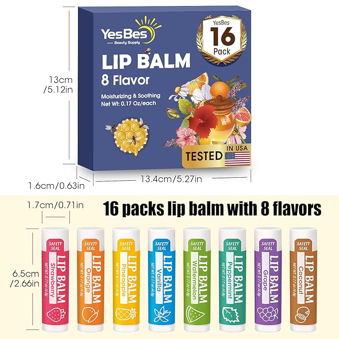 16 Pack Lip Balm, Natural Lip Balm Bulk with Vitamin E and Coconut Oil, Moisturizing Lip Balm for Dry Cracked Lips, Lip Balm for Stocking Stuffers - 8 Flavors-GlimoraGlow