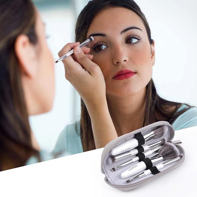 Travel Makeup Brushes Set w/Pouch, 5PCS Double Ended Portable Mini Cosmetic Brushes Kit for Foundation, Eyeshadow, Lip, Blush Make Up Brushes Professional(White)-GlimoraGlow