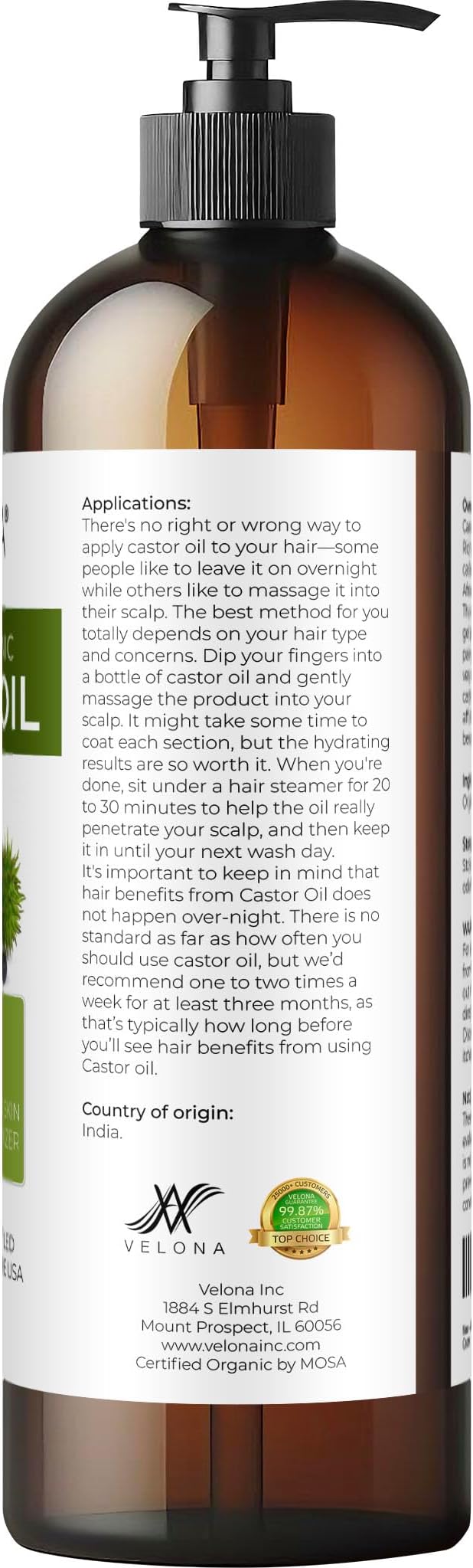 velona USDA Certified Organic Castor Oil - 16 fl oz (With Pump) | For Hair Growth, Boost Eyelashes, Eyebrows | Cold pressed, Natural Oil, USP Grade | Hexane Free, Lash Serum, Caster-GlimoraGlow