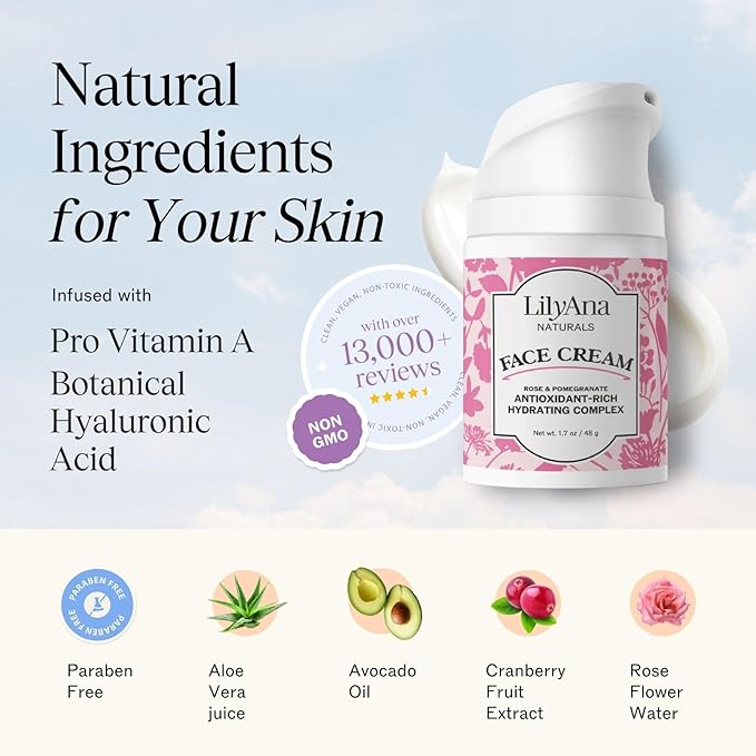 LilyAna Naturals Face and Neck Moisturizer for Women and Men - Moisturizer Face and Neck Cream for Dry Skin and Dark Spot Brightening - Rose and Pomegranate Extracts - 1.7oz-GlimoraGlow
