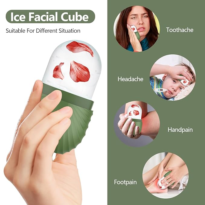 Ice Roller for Face and Eye, Silicone Ice Facial Roller Ice Holder, Face Ice Mold Skin Care, Face Icers Reusable Ice Cube Roller for Shrink Pores Anti Wrinkle Reduce Puffiness, Green-GlimoraGlow