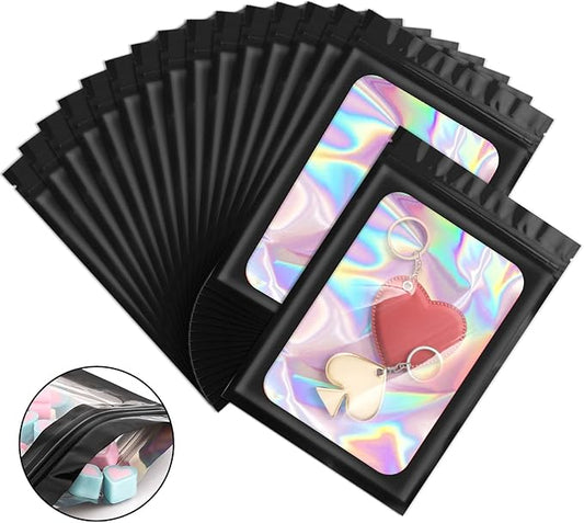 100 Pieces Smell Proof Mylar Bags, Holographic Packaging Bags, Resealable Odor Foil Pouch Zipper Bag with Clear Window for Food Storage and Lipgloss, Jewelry Lash (Black, 4 x 6 Inch)-GlimoraGlow