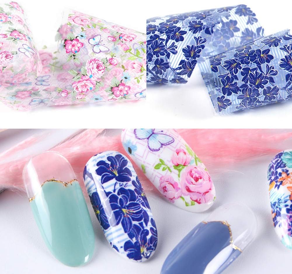 10 Sheets Flower Nail Transfer Foils Holographic Nail Foil Colorful Flower Stickers for Nails Decoration Starry Sky Manicure Transfer Tips Butterflies Nail Art DIY for Women Girls-GlimoraGlow