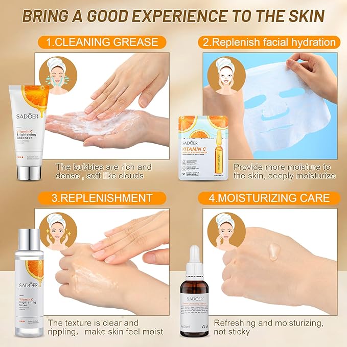 10 Pcs Skin Care Sets Face Care Set for Women Includes 1 Pcs Cleanser, Toner, Lotion, Eye Cream, Serum, Face Cream, Lip Balm and 3 Facial Masks Skincare Gift for Girls (Vitamin C)-GlimoraGlow