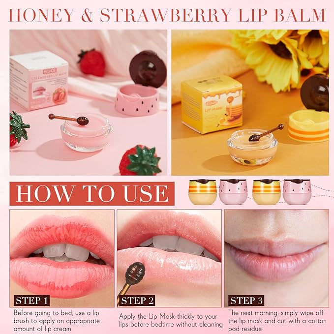 12 Pcs Bee Lip Balm Honey Pot with Brush Propolis Lip Mask Overnight, Moisturizing Hydrating Lip Sleeping Mask Prevention Dry and Cracked(Honey+Strawberry)-GlimoraGlow