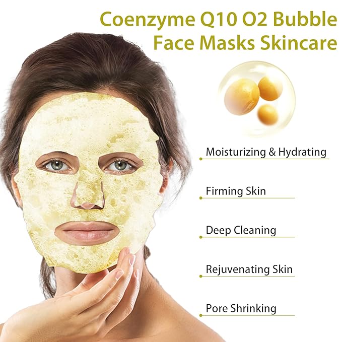 10 Sheets Coenzyme Q10 O2 Bubble Masks for Face, Bubble Face Mask Skincare for All Skin Types, Deep Cleansing Moisturizing Facial Mask Skin Care for Pores, Firming, Purifying, Sheet Masks for Spa-GlimoraGlow