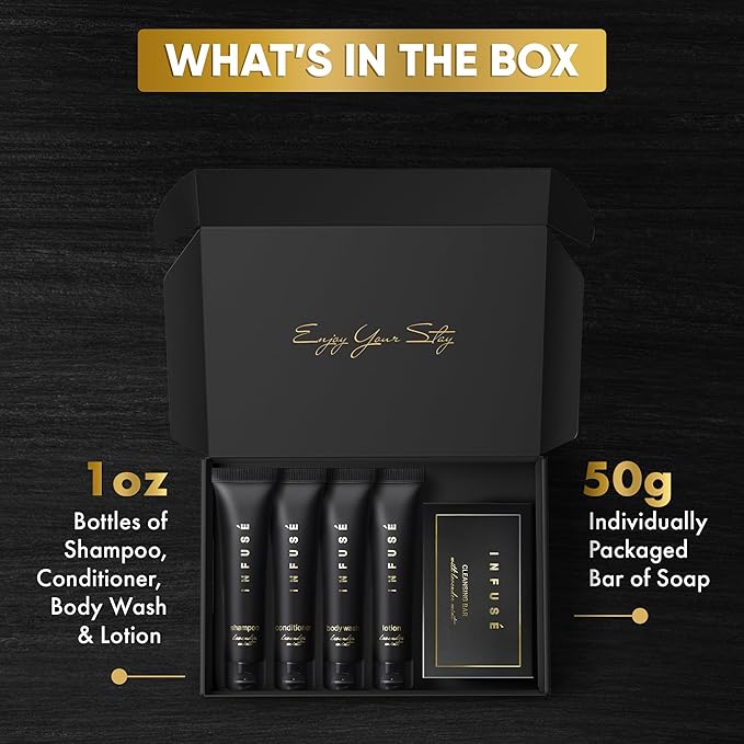 Infuse Black Amenity Kit | Boxed Hotel Toiletries | Bulk Set 1 oz Travel Size Shampoo, Conditioner, Lotion, Body Wash & Cleansing Bar for Guest Hospitality AirBnB/Vacation Rentals | 1 set per case-GlimoraGlow