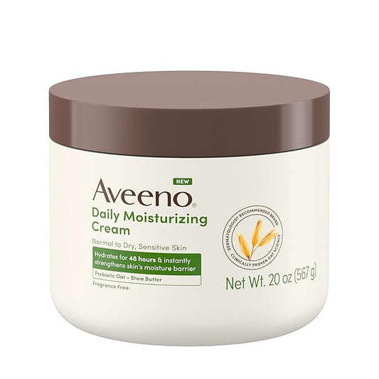 Aveeno Daily Moisturizing Cream with Prebiotic Oat & Shea Butter for Body, Face & Hands Moisturizer Cream, Hydrates Normal to Dry, Sensitive Skin, Fragrance Free, Non-Comedogenic, 20 oz-GlimoraGlow