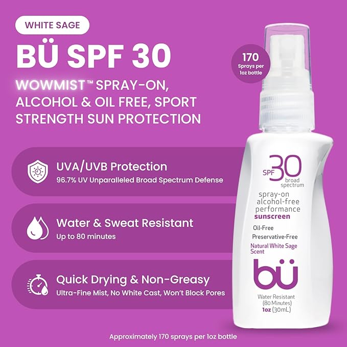 BU SPF 30 Sunscreen Spray for Face and Body, Non Aerosol Spray, TSA Travel Size Sunblock, Clear, Non Greasy, Water Resistant, White Sage 1 oz-GlimoraGlow