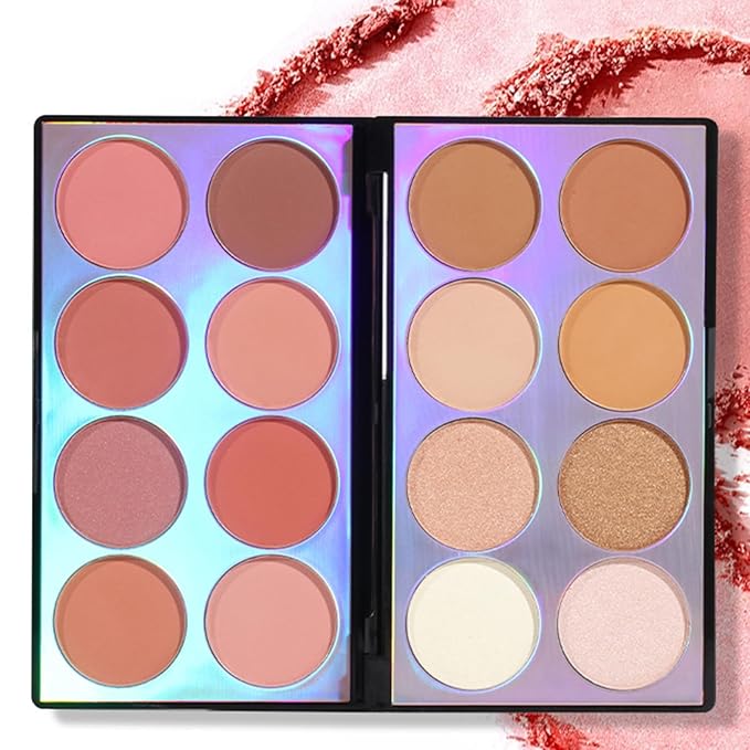 16 Colors Blush Contour Highlighter Makeup Palette with Brush, Shimmer Matte Mineral Face Blush Powder for Cheek, All in One Face Sculpting Bronzer Blusher Illuminator Concealer Palette-GlimoraGlow