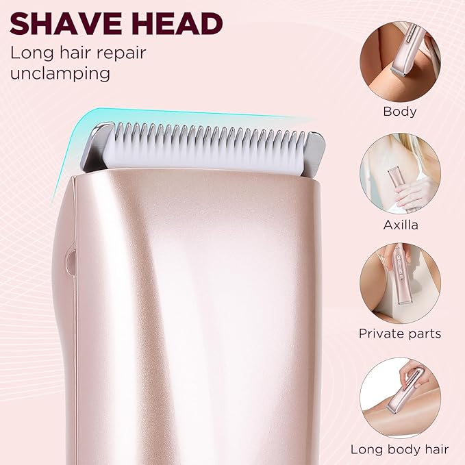 2 in 1 Women Electric Shaver, Dual Head Bikini Trimmer for Women IPX7 Waterproof Wet & Dry Use Electric Razors with Dual Heads Rechargeable Lady Trimmer for Bikini Underarm Leg Arm Body Face-GlimoraGlow