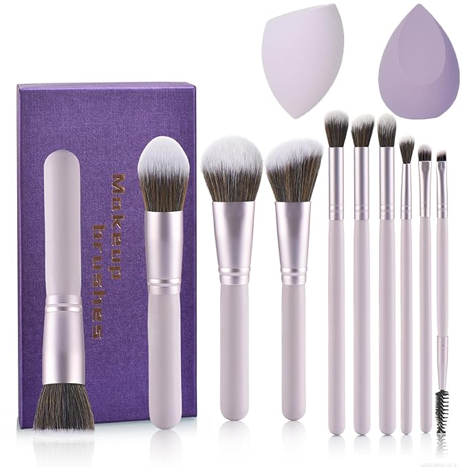 Gift Ready 10 Piece Purple Makeup Brushes Set and 2 Piece Makeup Sponge – Wooden Handle with Soft Synthetic Bristles, Concealer, Powder – (Ideal for Christmas, Birthday, Women)-GlimoraGlow