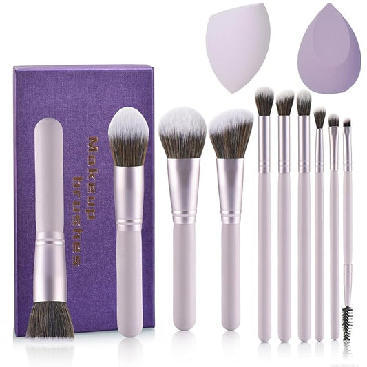 Gift Ready 10 Piece Purple Makeup Brushes Set and 2 Piece Makeup Sponge – Wooden Handle with Soft Synthetic Bristles, Concealer, Powder – (Ideal for Christmas, Birthday, Women)-GlimoraGlow