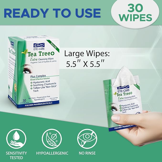 Dr. Fischer Tea Tree Oil Eye Wipes - Eyelid Wipes for Sensitive Eyes with Hyaluronic Acid and Chamomile, Makeup Remover, Daily Cleanser (30 wipes)-GlimoraGlow