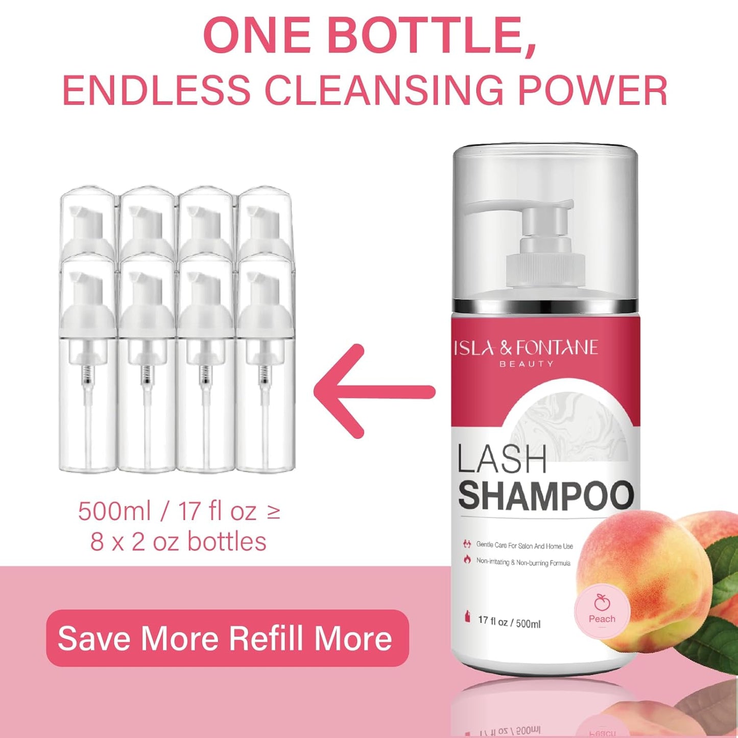 ISLA & FONTANE Lash Shampoo Bulk – Multi-Scent Series – 17 fl oz / 500ml | Gentle Eyelash Cleanser for Lash Extensions | Non-Irritating | Professional Lash Bath Foam For Salon And Home Use (Peach)-GlimoraGlow