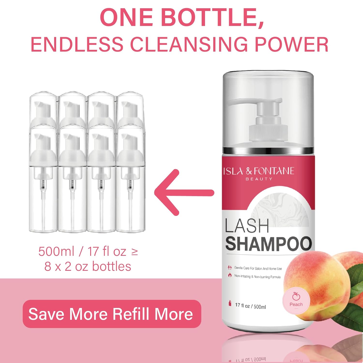 ISLA & FONTANE Lash Shampoo Bulk – Multi-Scent Series – 17 fl oz / 500ml | Gentle Eyelash Cleanser for Lash Extensions | Non-Irritating | Professional Lash Bath Foam For Salon And Home Use (Peach)-GlimoraGlow