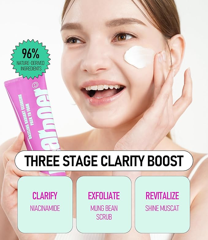 Dazzling Radiant Cleansing Pack to Foam – 3-in-1 Wash-Off Mask & Exfoliator & Cleanser w/Fresh Grape Extract & Niacinamide – Vitamin C and Resveratrol for Dry, Dull Skin (3.38 fl oz)-GlimoraGlow