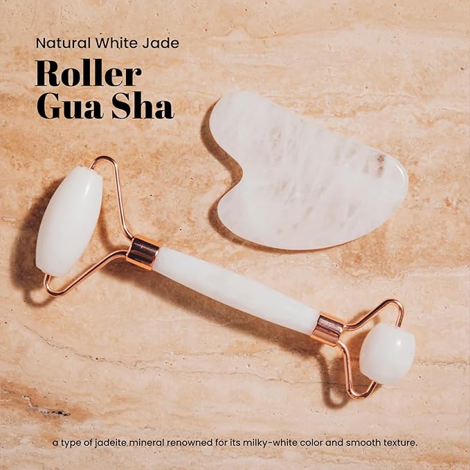 ROSELYNBOUTIQUE Gua Sha Facial Tools & Face Roller for Wrinkless Natural Skincare Tool Jade Roller Guasha Tool for Face Facial Massager (White Jade)-GlimoraGlow