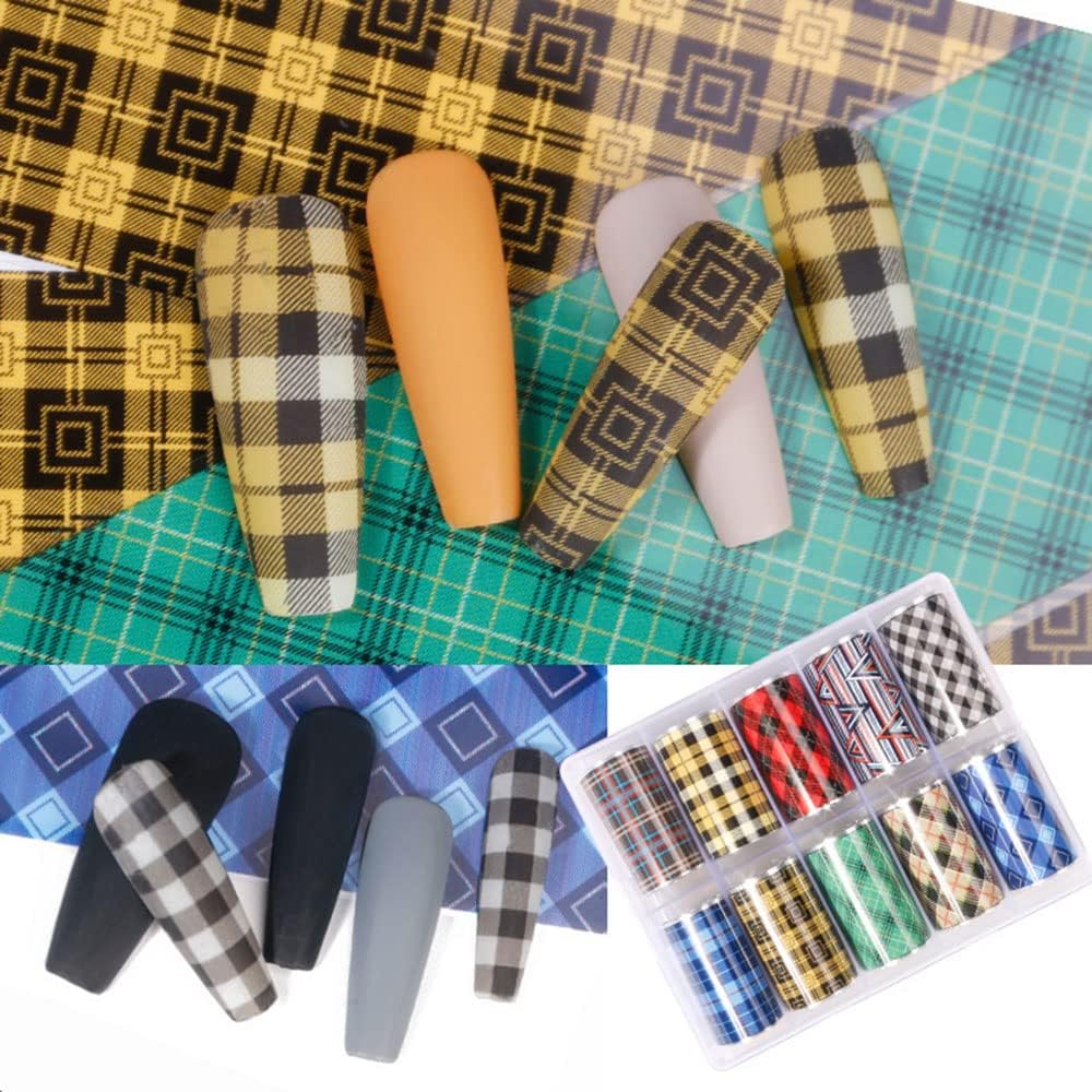 10 Colors Buffalo Plaid Nail Art Foils Christmas Nail Transfer Stickers Supplies Buffalo Plaid Design Nail Decal Tips Wraps Adhesive Glitters Acrylic DIY Nail Decoration-GlimoraGlow