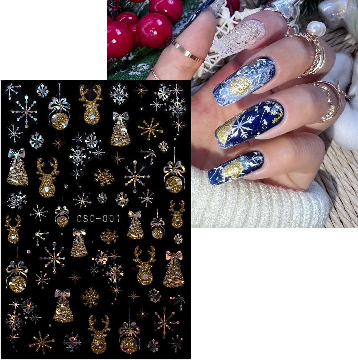 JMEOWIO 8 Sheets Christmas Gold Glitter Silver Nail Art Stickers Decals Self-Adhesive Snowflake Winter Holiday Nail Supplies Nail Art Design Decoration Accessories-GlimoraGlow