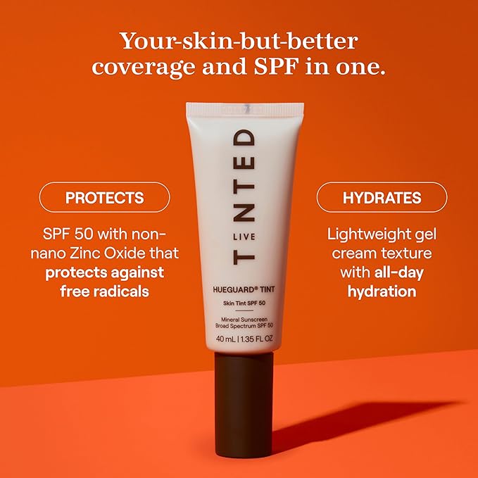 Live Tinted Hueguard Skin Tint SPF 50 - Tinted Mineral Sunscreen with Light-Medium Buildable Coverage With a Hydrating and Radiant Finish - Water and Sweat Resistant, 1.35 fl oz - Shade 10-GlimoraGlow