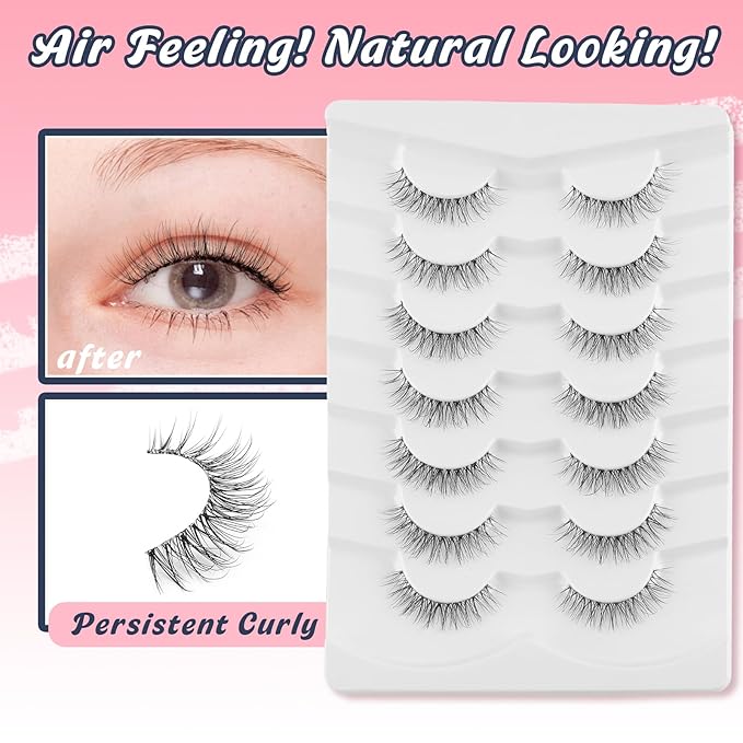 Natural Lashes False Eyelashes 12 MM Short Lashes WIspy 3D Volume Fake Eyelashes Pack C Curl Soft Eye Lash with Thin Cotton Band 7 Pair False Lashes Siligli-GlimoraGlow