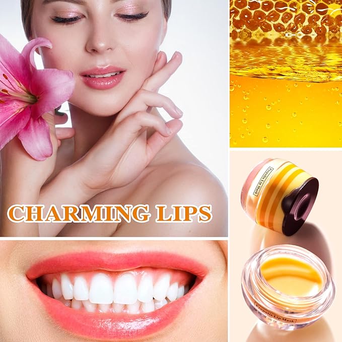 1PCS Bee Lip Balm Honey Pot,Honey Sleeping Lip Mask Bee Lip Balm with Applicator,Natural Moisturizing & Prevention Dry and Cracked Lip Scrubs Exfoliator-GlimoraGlow