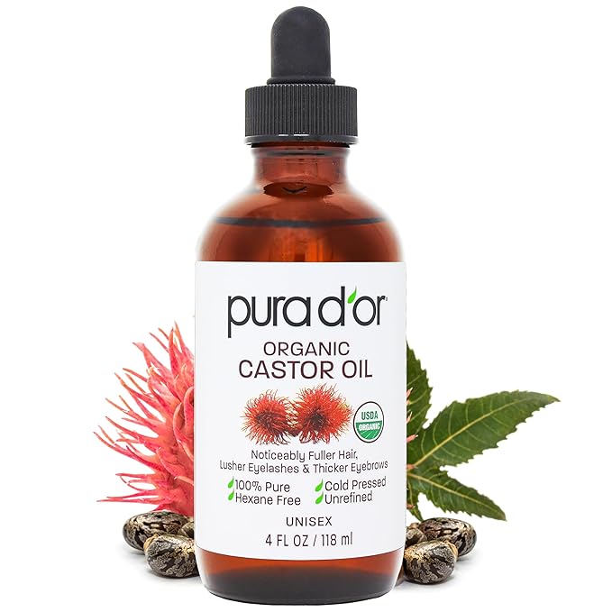 PURA D'OR 4 Oz ORGANIC Castor Oil - 100% Pure USDA Certified Cold Pressed, Hexane Free Eyelash & Eyebrow Serum - For Fuller, Thicker Lashes & Brows - Skin & Hair-GlimoraGlow