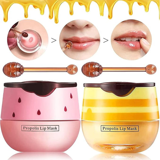2 Pack Bee Lip Balm Honey Pot, Honey & Strawberry Lip Mask Propolis Lip Mask Moisturizing Hydrating Prevention Dry and Cracked Lip Scrubs Exfoliator (Honey+Strawberry)-GlimoraGlow