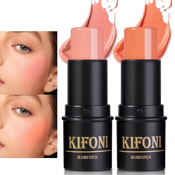 2 Pcs Cream Blush Stick Makeup Kit, Natural Shimmer & Matte Stick Blush Wand for Cheeks, Lightweight Blendable Silky Cream Blush Makeup -Matte Blush (#02 Soft Pink #03 Coral Orange)-GlimoraGlow