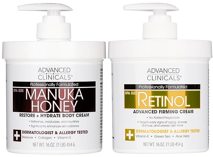Advanced Clinicals Unscented Retinol Body Lotion & Face Moisturizer + Manuka Honey Body Cream For Women & Men | 2PC Skincare Set Helps Reduce Appearance Of Crepey Skin + Extremely Dry Skin, 2pc Set-GlimoraGlow