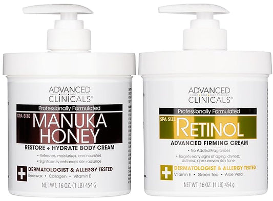 Advanced Clinicals Unscented Retinol Body Lotion & Face Moisturizer + Manuka Honey Body Cream For Women & Men | 2PC Skincare Set Helps Reduce Appearance Of Crepey Skin + Extremely Dry Skin, 2pc Set-GlimoraGlow