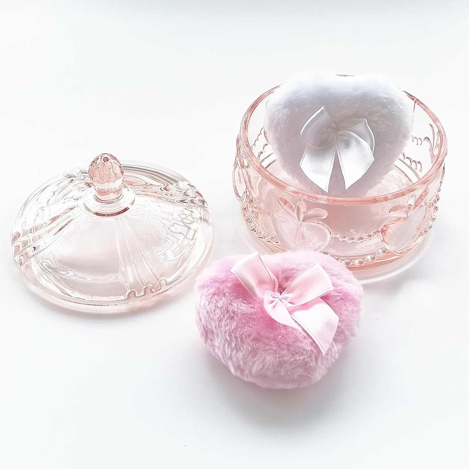 Body Powder Puff and Container - Glass Dusting Powder Container with 2 Soft Puffs Vintage Powder Puff Case for Women & Girls (3.93x3.93x4.13 H in) - GRB017-Pink-GlimoraGlow