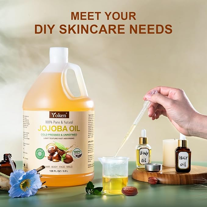 Yoken 1 Gallon Jojoba Oil EWG Verified - 100% Pure Jojoba Oils Bulk Cold Pressed Unrefined Hexane Free Virgin Golden jojoba Carrier Oil for Hair Skin Massage DIY Natural Body Moisturizer-GlimoraGlow