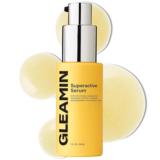 Gleamin Superactive Vitamin C Serum for Face with 15% Vitamin C, Niacinamide, Bakuchiol & Hyaluronic Acid – Skin Brightening Facial Serum for Women & Men – Dark Spot Remover & Radiant Glow – 1 fl oz-GlimoraGlow