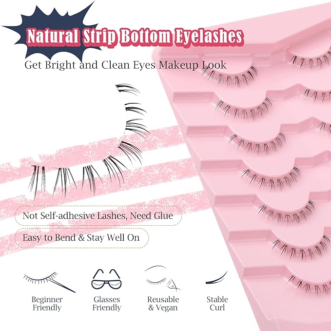 Lashes Natural Bottom Lashes 8mm Lower False Eyelashes Natural Look Strip Lashes Extention Wispy Bottom Eyelashes Fake Lashes Pack 7 Pairs-GlimoraGlow